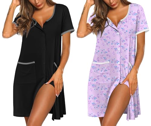 Image of Ekouaer 2 Pack Nightgowns for Women Button Down Houese Dress with Pockets