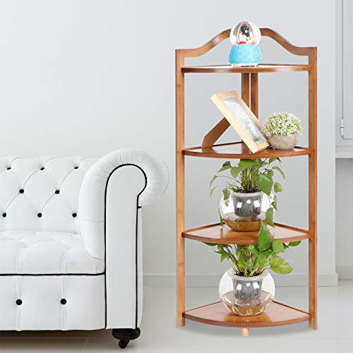 Corner Shelf Bamboo Bathroom Shelf Standing Shelf Bookcase Flower Shelf Decor Shelf for Bathroom Living Room Bedroom Balcony(4 Level)
