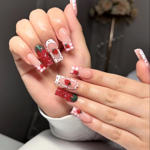 Strawberry Press On Nails Long Square 24pcs, Cute Fruit False