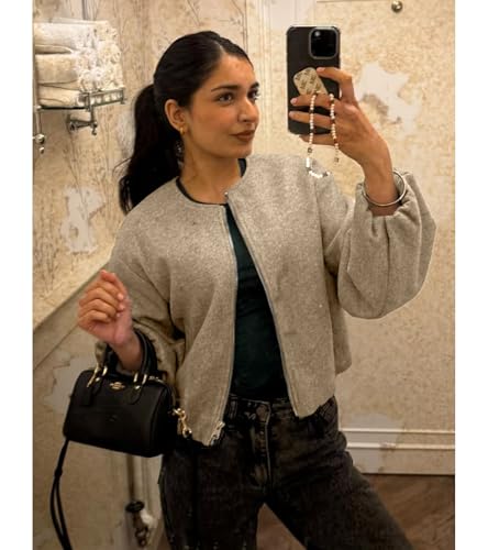 Womens Cropped Bomber Jacket Zip Up Varsity Jacket Casual Lightweight Welt Pockets Outwear Coat4