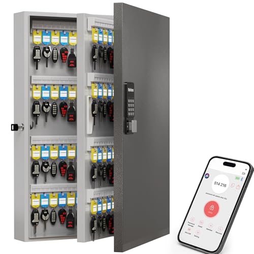 WeHere 192 Key Lock Box Wall Mount, APP Bluetooth/OTP/Wi-Fi/Fixed Code/Key Unlock, Smart Key Cabinet with Key Tag, Key Organizer Holder Box, Key Management Directory for Office, Valet, Realtor, Hotel