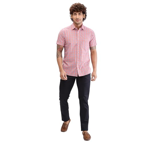 Image of Colorplus Men's Regular Fit Checks Pattern Pure Cotton Plain Collar Half Sleeve Casual Shirt