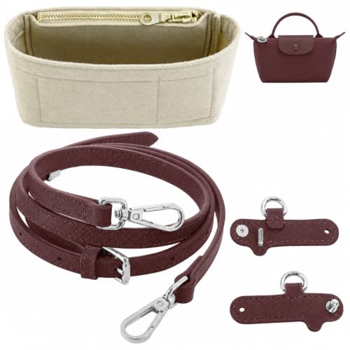 Image of Purse Organizer Insert & Leather Strap Conversion Kit Set, Compatible with Longchamp Le Pliage Mini Bag - Felt Inner Liner & Adjustable Shoulder Strap, Beige Insert & Burgundy Strap