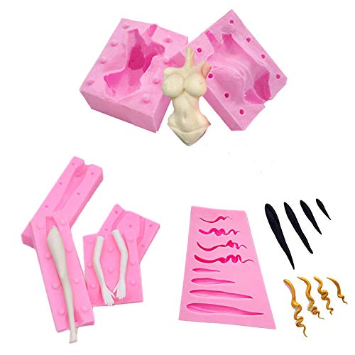 WDC WonDerfulC - 4 moldes de silicona para fondant, para cabello, brazos y piernas, cuerpo humano, modelo femenino, moldes de arcilla para jabón
