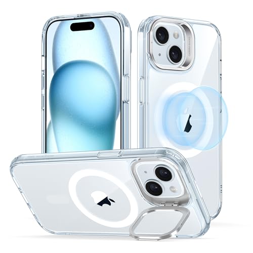 Image of ESR for iPhone 15 Plus Case, Compatible with MagSafe, Military-Grade Protective Case, Built-in Stash Stand Phone Case, Scratch-Resistant Back Cover, Classic Series, Clear Blue