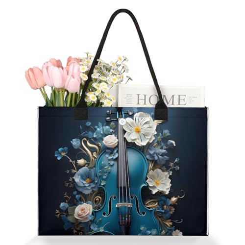 Blue Guitar Flower Tote Bag for Women Large Beach Bag Reusable Tote Bags for Work Travel Beach Shopping3