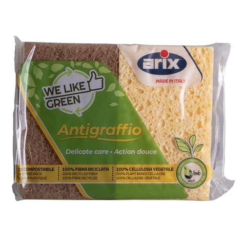 ARIX | Antigraffio Delicate Care, 2 Spugne in Cellulosa della Linea We Like Green, Eco-Friendly, Materiali 100% Riciclati e Riciclabili - Made In Italy