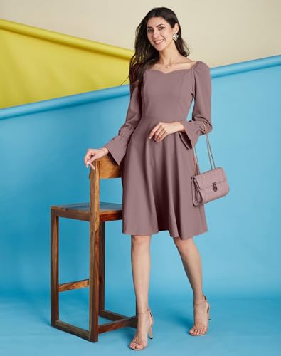 Image of SIRIL Women's Full Sleeve Polyester Solid Fit & Flare Dress, One Piece Dress for Women