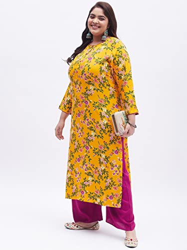 Image of Tissu Women's Plus Size Yellow & Pink Printed Kurta with Palazzo