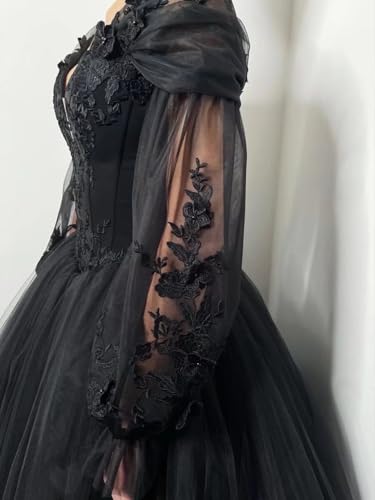 Mouccy Gothic Black Wedding Dresses for Bride Long Sleeve Bridal Gowns with Train V Neck Lace Wedding Gowns for Women4