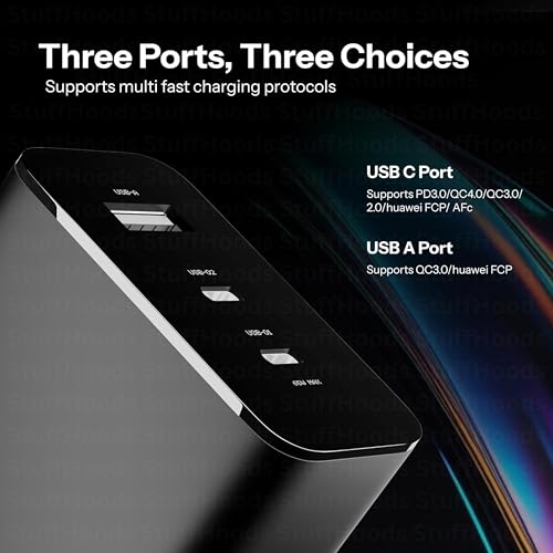Image of 65W Gan Trio Charger Adapter | 3 Port USB Type C to A Fast Wall Charging Adaptor Compatible with CMF Phone 1|Nothing Phonee 2a Plus|2A|Phonee 2,Phone 2 Pro, (2 a), (2), (1), 3a Plus-Black