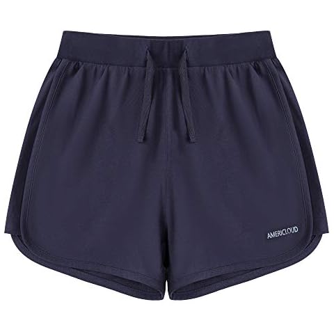 AMERICLOUD Girls Running Cotton Shorts Kids Drawstring Casual Short with Pockets Girls Workout Clothes 3-12 Years (Navy-XL) Cover