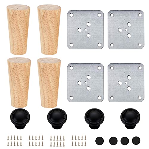 Mengger 4Pcs Pieds de Meubles en Bois 10cm Massif avec Plaque de Montage et Vis pour Canapé Armoires De Meubles Jambes Canapé Pieds Paquet comprendre Tiroir de Porte Poignée