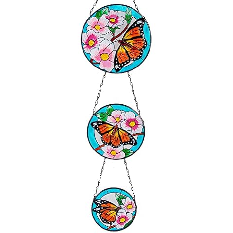 VEWOGARDEN Round Butterfly Stained Glass Window Hangings Colorful Suncatcher Panel with 3 Pieces Hanging Successively Within Chains Handcrafted Window Hanging Decor Gifts (6" W x 22.8" H) Cover