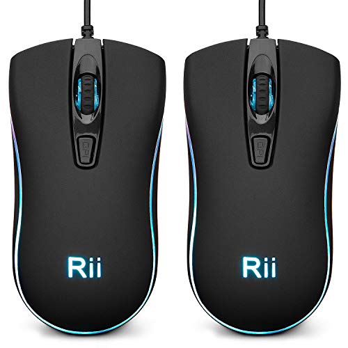 Image of Rii RM105 Wired Mouse,Computer Mouse with Colorful RGB Backlit,1600DPI Levels,Comfortable Grip Ergonomic Optical ,USB Wired Mice Support Windows PC, Laptop,Desktop,Notebook (2 Pack)