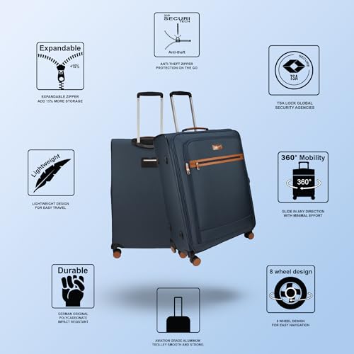 Image of F Gear Softair Medium Soft Luggage | Lightweight Expandable Carry-On Trolley Bag with 360 Spinner Wheels, Silent 8-Wheel System, Built-in TSA Lock, Anti-Theft Zipper & Luggage Tag (.Navy)