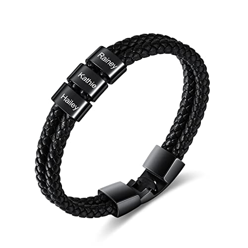 Personalized Fathers Bracelet with Names Custom Name Engraved Mens Braided Leather Bracelets for Men Christmas Birthday Gifts for Dad Husband Grandpa Boyfriend