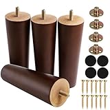 Yaliuliu 6 Inches Round Solid Wood Furniture Legs Set of 4, Brown Wooden Replacement Feet with Threaded 5/16'' Hanger Bolts for Sofa, Couch, Armchair, Cabinet, TV Stand, Ottoman and Dresser