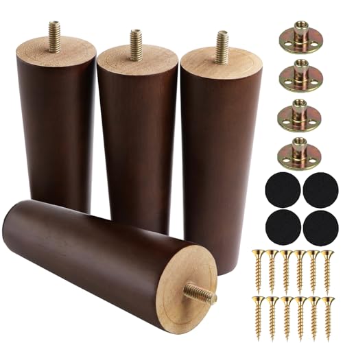 Yaliuliu 6 Inches Round Solid Wood Furniture Legs Set of 4 Brown Wooden Replacement Feet with Threaded 5/16 Hanger Bolts for Sofa Couch Armchair Cabinet TV Stand Ottoman and Dresser