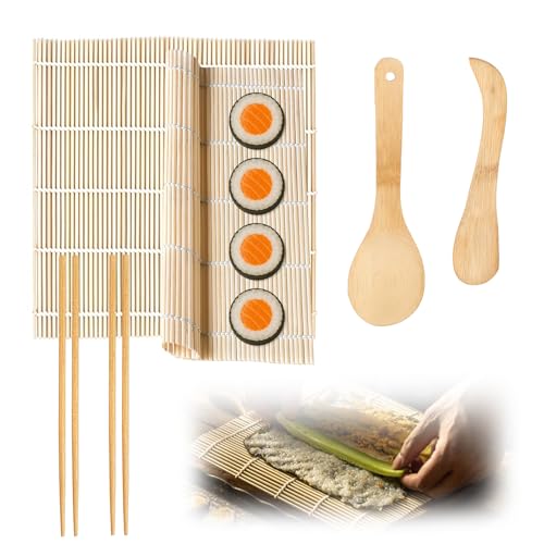 Sushi Making Kit, 6 PCS Beginner Sushi Maker Set, Including 2 White Bamboo Rolling Mats, 2 Pairs Chopsticks, 1 Paddle,1 Spreader, Natural Bamboo Material, Ideal Gift for Kids, Friends, Home Chef