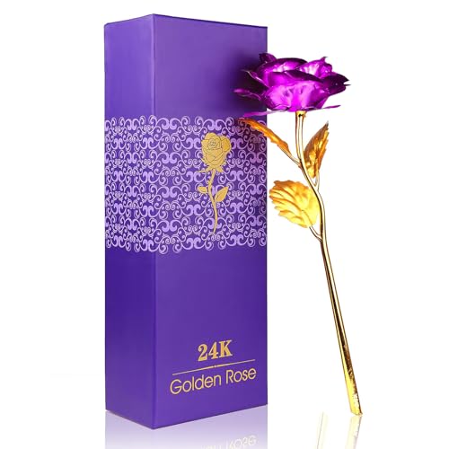 24K Golden Rose ALLOMN Artificial Rose Flower Gift for Her with Luxury Gift Box Great Gift Idea for Valentines Day Mothers Day Birthday Anniversary (Purple)