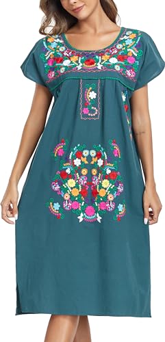 Image of YZXDORWJ Women Mexican Embroidered Long Dress Ruffle Collar Maxi Boho Floral Summer Short Sleeve