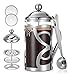 Cafetera de émbolo French Press, 0,35 litros, pequeña cafetera de cristal, incluye filtros de repuesto, cucharilla de café para casa, viajes y camping, color plateado, 350 ml, 2 tazas