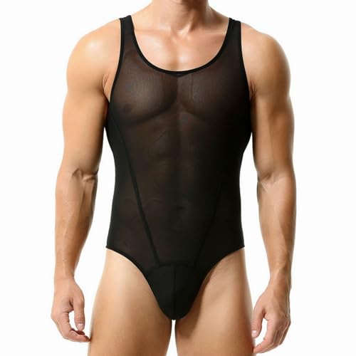 Men's Sexy Cutout Mesh Bodysuit Transparent Tank Tops Crewneck Mens Body Suit One Pieces Coveral