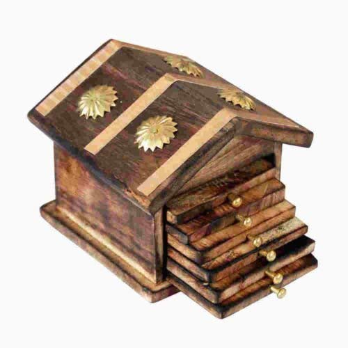Image of Kundi Handmade Hut Style Wooden Coaster Set with Holder | Hot & Cold Drink Coasters for Tea, Coffee & Dining Table Decor