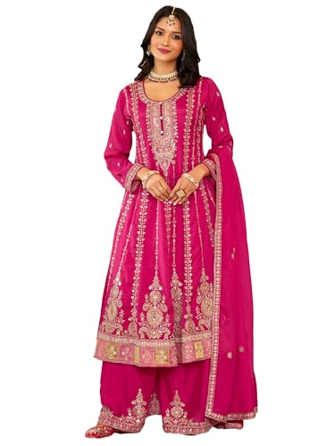 Image of INDO ERA Women's Anarkali Chinon Ethnic Motifs Embroidered Kurta & Palazzo with Dupatta Set (IEOUT10822)