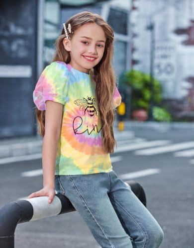 Image of Arshiner Girls Shirts Mesh Puff Short Sleeves Tops Cute Print Kids Tees