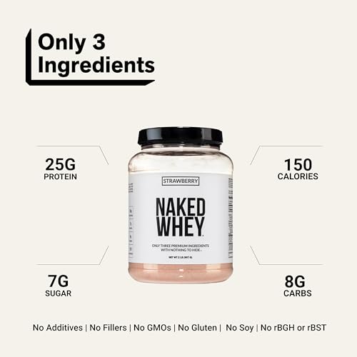 Image of NAKED Strawberry Whey Protein Powder, Only 3 Ingredients, 25g Grass Fed Whey Protein Powder, Aid Muscle Growth & Recovery - 24 Servings
