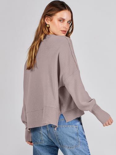 ANRABESS Womens Cropped Sweaters Oversized Crewneck Long Batwing Sleeve Side Slit Ribbed Knit Pullover Tops 2025 Fall Clothes3