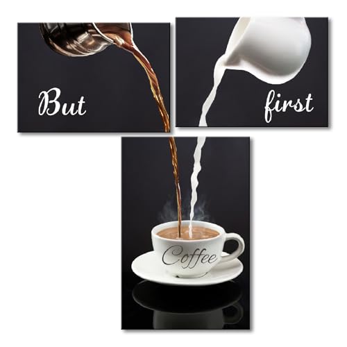 Pinetree Art Coffee Bar Wall Decor for Kitchen - But First Coffee Sign - Kitchen Canvas Wall Art for Modern Home Dining Room Decorative (latte-set, Set of 3)