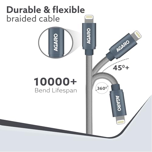 Image of AGARO 1M USBA to Lightning Cable, Unbreakable Nylon Braided Data Sync & Fast Charging Cable for iPhone, Ipad & iPod, Durable & Fast Charging iPhone Cable, Intelligent IC protection