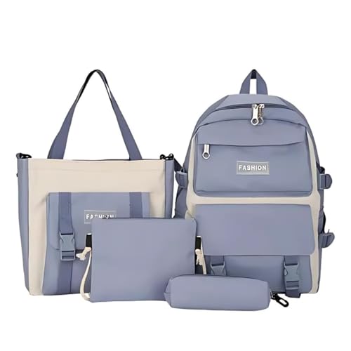 Kit 4 Intens De Escola Mochila Escolar Espaçosa Com Alça De Costa + Estojo Bolsa Tiracolo Bolsa Grande Reforçada Moderna Estilosa Elegante Juvenil Feminina Masculina Faculdade Viagem (Azul)