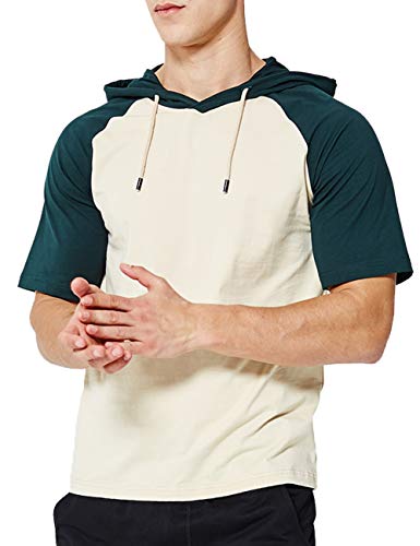 DUOFIER Men's Casual Hoodie Swearshirt Tops Short Sleeve Shirts Gym Workout with Adjustable Drawstring, Khaki-M