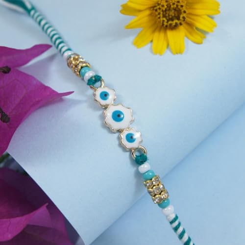 Image of I Jewels Enamel Evil Eye Rakhi With Roli Chawal & Rakshabandhan Card for Bro /Brother /Bhai