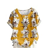 JMYECM Linen Shirts for Women Cute Dog Smile Short Sleeve Crewneck Blouse Button Decor Casual Loose Fit T Shirts Tunic Tops for Summer 2025 Yellow,2XL