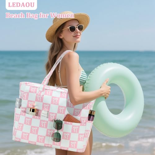 Image of LEDAOU Large Beach Bag Women Waterproof Sandproof Zipper Beach Tote Pool Bag for Swim Gym Grocery Travel with Wet Pocket
