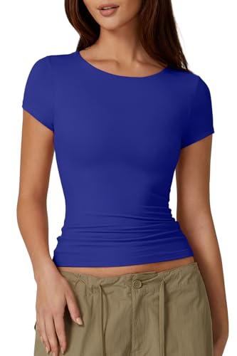 QINSEN Crop Tops for Women Crewneck Short Sleeve T Shirts Summer Y2K Going Out Top Sapphire Blue S by QINSEN - Used condition - Image 2