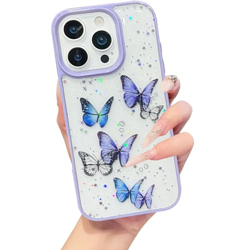 Image of VONZEE for iPhone 15 Pro Clear Glitter Butterfly Case, Cute Bling Sparkle Shiny Soft TPU Bumper Shockproof Women Girls Slim Protective Phone Cover for iPhone 15 Pro 6.1 inch,Purple