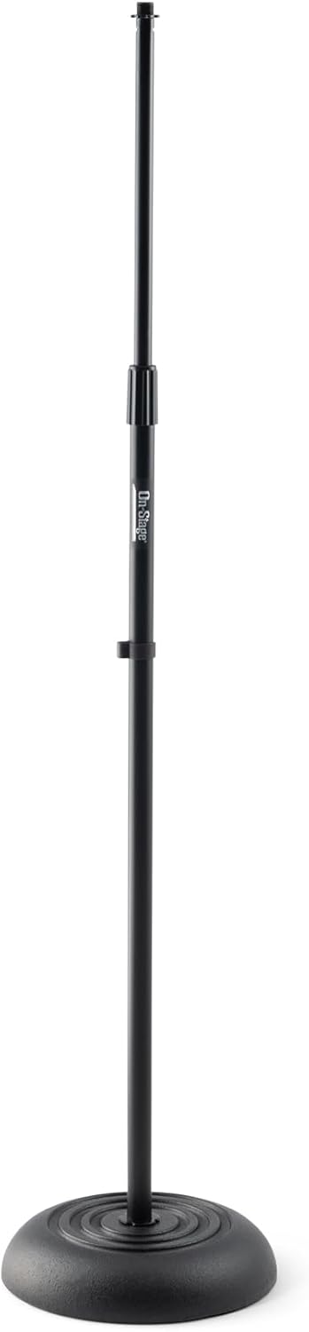 On-Stage MS7201B Round-Base Mic Stand (Supports Dynamic and Condenser Microphones, Height Adjustable 33"–60", Standard 5/8"-27 Threading, 7 lb, 10" Metal Base, Rubber Feet, Cable-Management Clip) Black