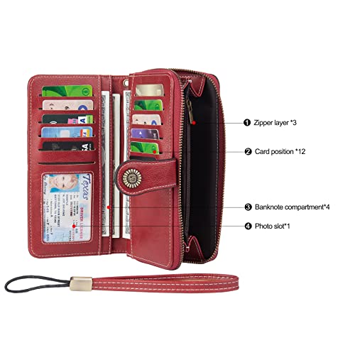 Nobelook Personalized Wallets for Women Bifold Leather Zipper Pocket Womens Wallet Long Credit Card Holder (Red)4