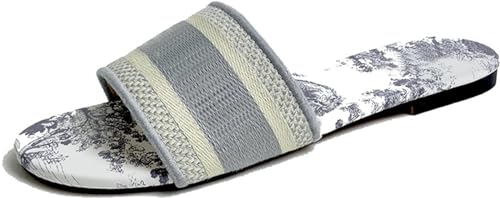 Kunsecsh Women's Embroidered Band Sandals Open Toe Flat Sandals Summer Shoes Grey Printed 38, 7.5