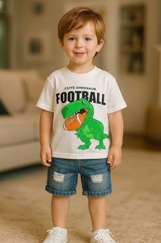 Image of Bold N Elegant Kids Dinosaur Football Cotton Half Sleeve T-Shirt with Denim Shorts Set for Infant Toddler Baby Boys Girls