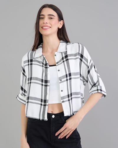 Image of Chimpaaanzee Women Checks Half Sleeve Crop Shirt