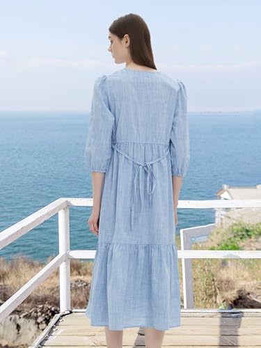 Image of D-Sun Women's V Neck 3 /4 Sleeve Maxi Dress Casual Button Down Tiered Ruffled Flowy Fall Long Dresses