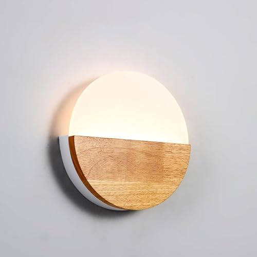 LIGKIN Applique Murale Intérieure LED, Applique Murale Bois Ronde 6W Lampe Murale Moderne Lumière Chaude Éclairage Acrylique Veilleuse pour Chambre à Coucher Enfant Couloir