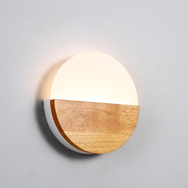 LIGKIN Aplique de Pared LED Interior Moderna Redonda Lámpara de Pared 6W Luz Cálida Apliques Madera Iluminación Acrílica para Dormitorio Pasillo Salón